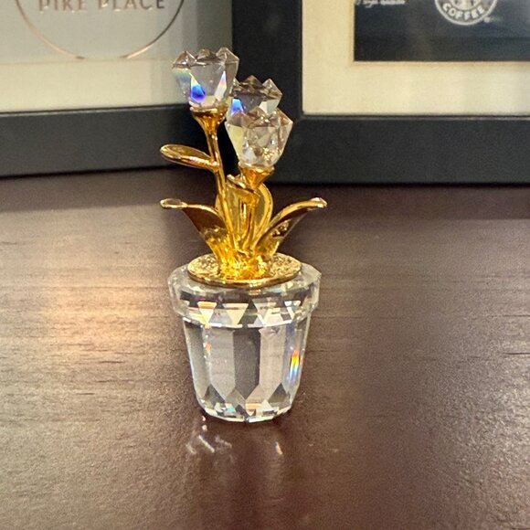 Swarovski Crystal Memories Classics Flower Pot Figurine with Gold Leaves NIB - Picture 3 of 4